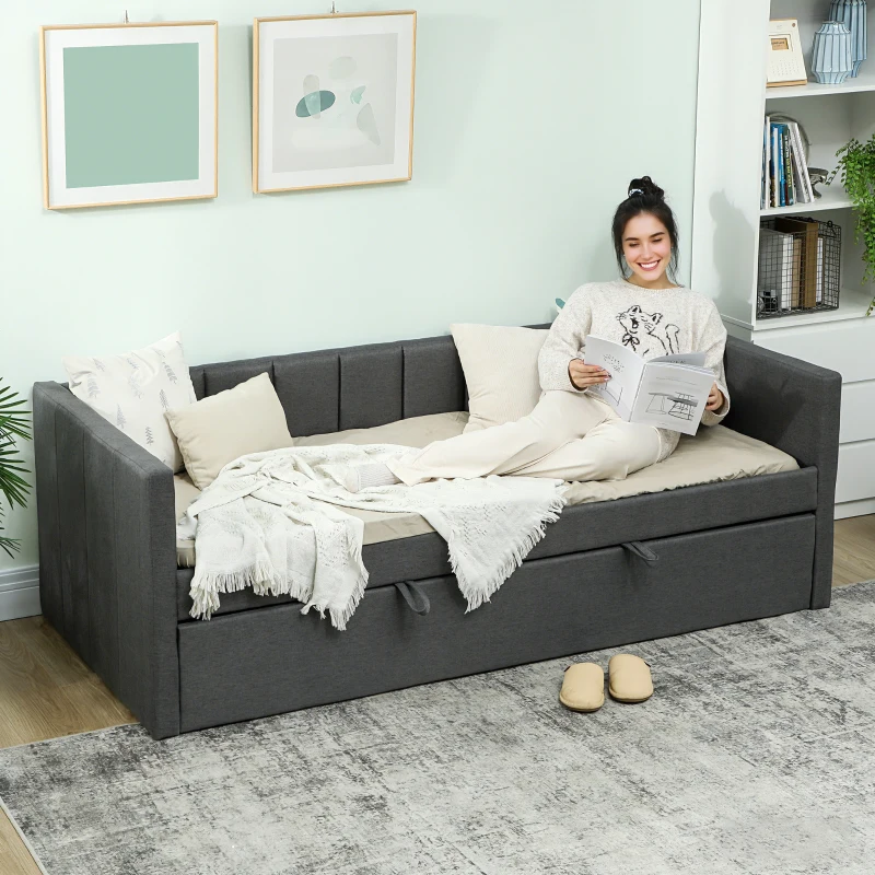 HOMCOM Cama Individual con Segunda Cama Extraíble, Tapizado en Tejido y Brazos, 205x181x70 cm, Gris Oscuro