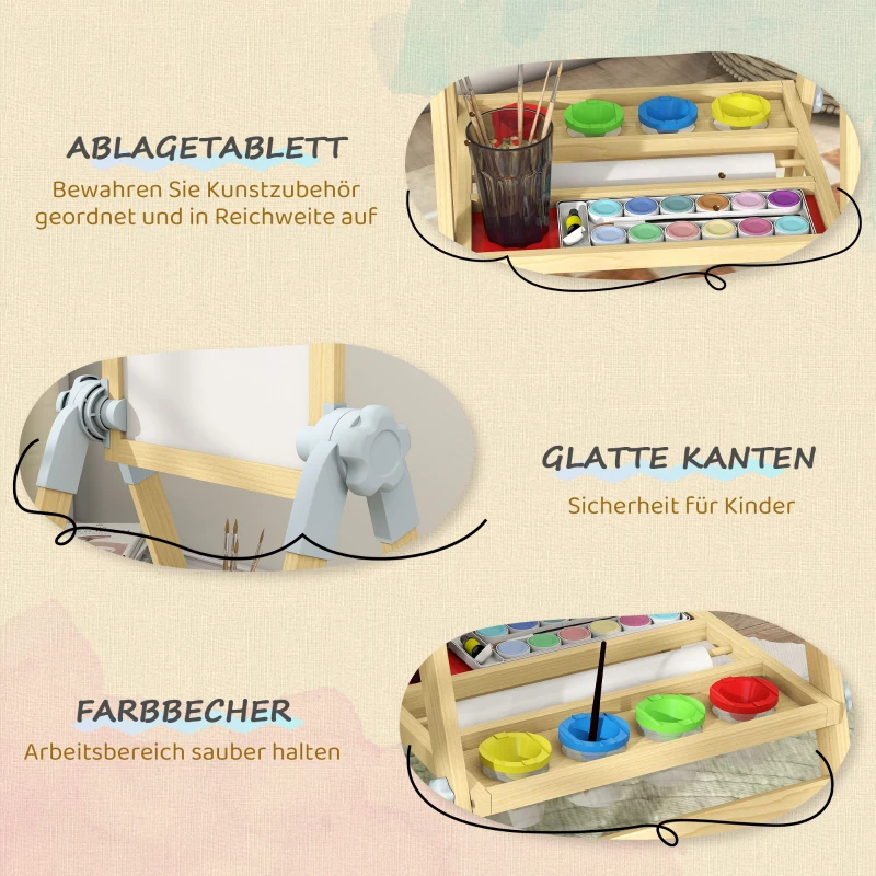 AIYAPLAY Dziecięca sztaluga z drewna, dwustronna tablica suchościeralna i kredowa, regulowana wysokość, stojąca tablica z rolką papieru, półką, naturalny