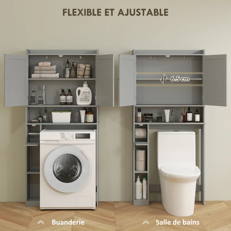 HOMCOM Meuble WC dessus de toilette ou machine à laver, 2 portes, 3 compartiments, porte-papier toilette, 80x19,5x170cm, gris