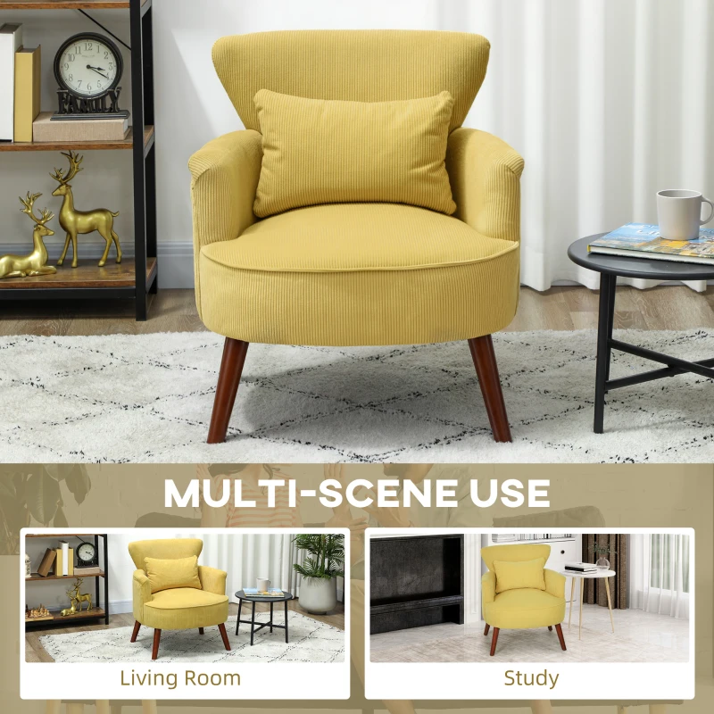 HOMCOM Modern Upholstered Armchair with Lumbar Pillow, Rubberwood Legs — Yellow Corduroy Accent Chair