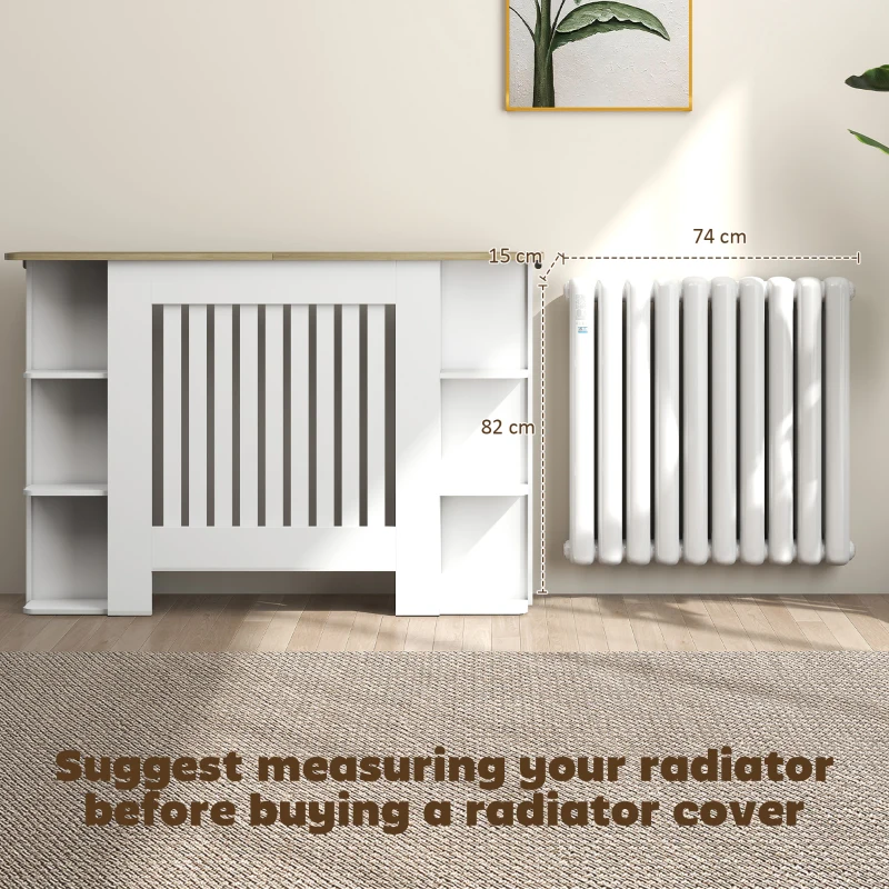 HOMCOM Radiator Cover with Open Storage Shelves, Vertical Slatted Cabinet Shelf Heater Cover for Living Room, Hallway, Medium, White (H: 83 / W: 124 / D: 19 cm)