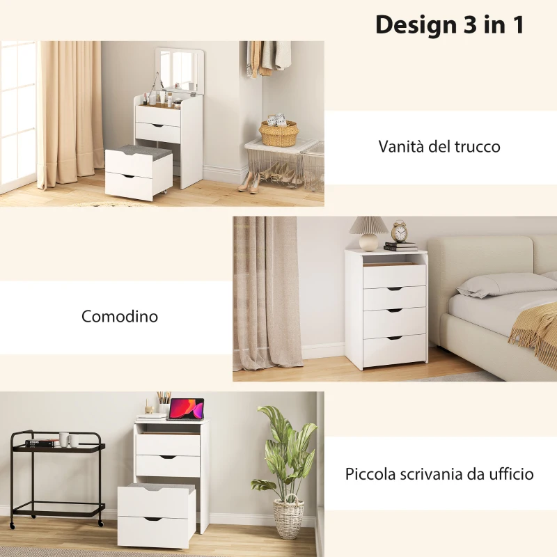 HOMCOM Tavolo da Trucco 3 in 1 con Specchio, Vano, 2 Cassetti e Sgabello, in Legno, 50x40x78 cm, Bianco