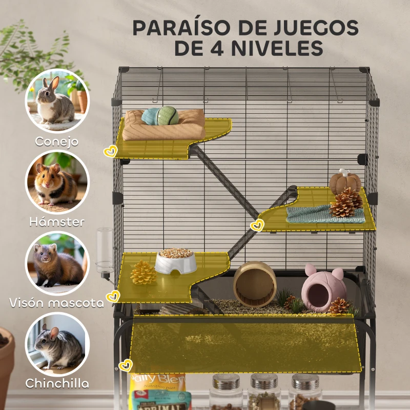 PawHut Jaula para Animales Pequeños de 4 Niveles con Ruedas Bandeja Profunda Rampas Plataformas y Comedero 73x47x123 cm Negro