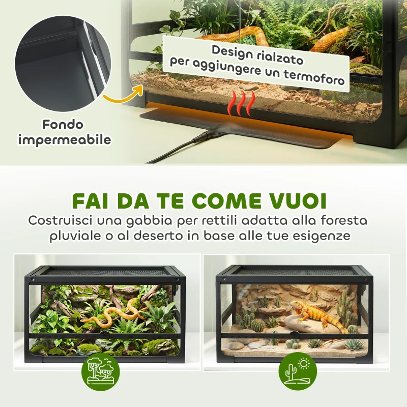 PawHut Rettilario Rialzato e Pieghevole con Coperchio e Pareti in Vetro Temperato e Plastica, 60x45x32 cm, Nero