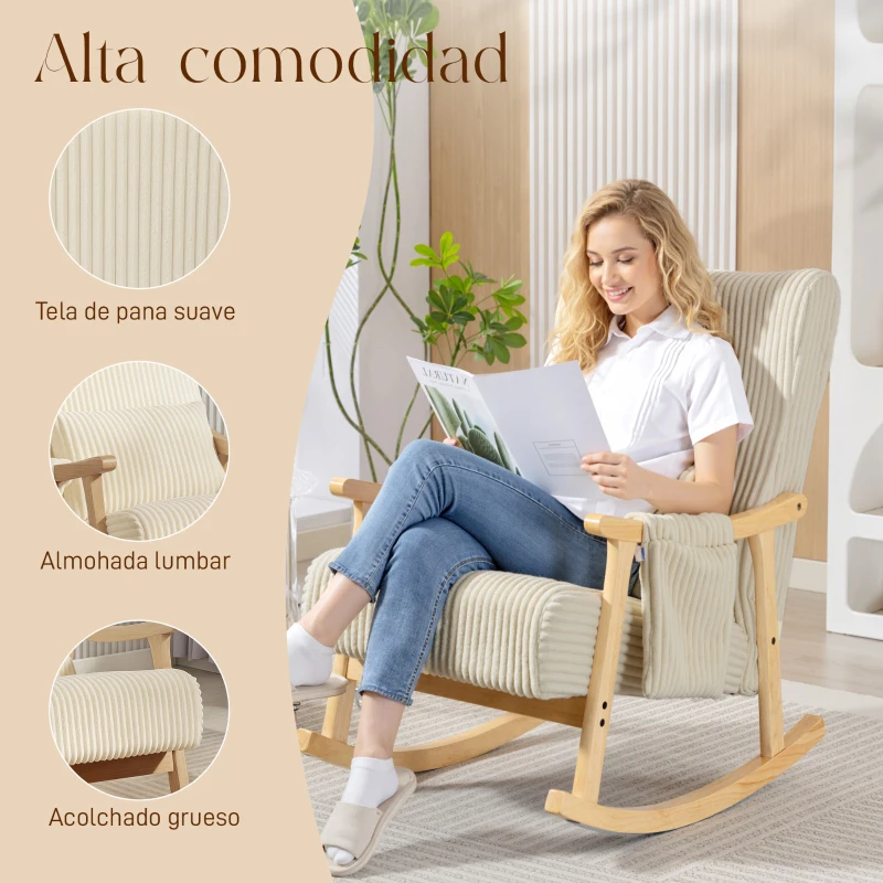 HOMCOM Silla Mecedora de Pana con Cojín Lumbar Patas y Reposabrazos de Madera de Caucho Bolsillo Estilo Moderno Beige