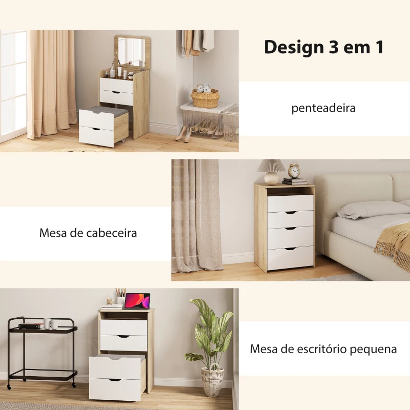 HOMCOM Toucador de Maquilhagem 3 em 1 com Espelho Rebatível 3 Gavetas e Banco Acolchoado 50x40x78 cm Carvalho e Branco