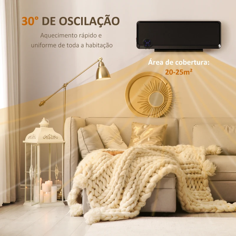 HOMCOM Aquecedor Cerâmico de Parede 1000W/2000W com Controle Remoto Tela LED Temporizador de 12h Termostato 56x18,5x11,7 cm Preto