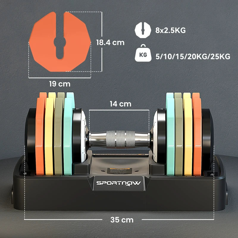 SPORTNOW Ganteră reglabilă 5–25 kg cu suport de depozitare, 5 niveluri de greutate, mâner antiderapant, discuri octogonale