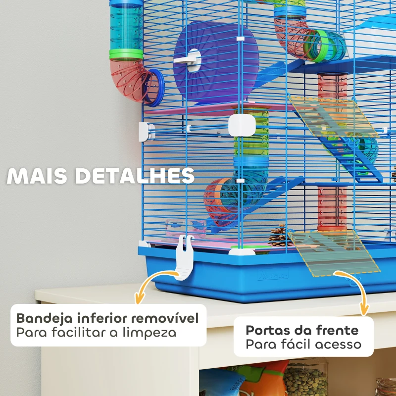 PawHut Gaiola para Hamsters com Túnel Comedouro Bebedouro Casa Rampas e Roda de Exercício 46x30x58 cm Azul