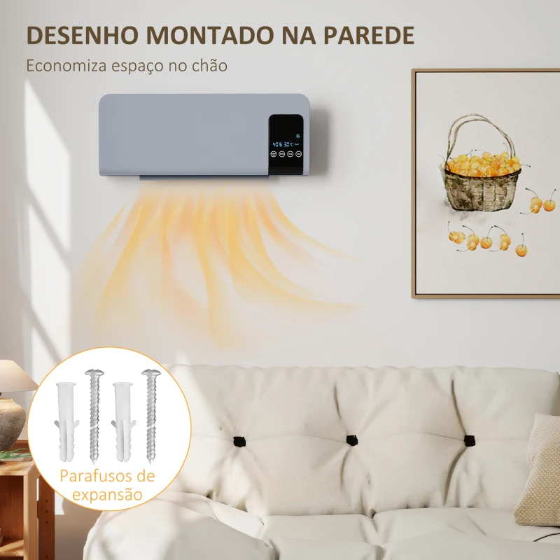 HOMCOM Aquecedor Elétrico de Parede 1000W/2000W com Ecrã LED Controlo Remoto Termostato Temporizador para Áreas de 15-20 m² 54,5x12x21,5 cm Cinzento