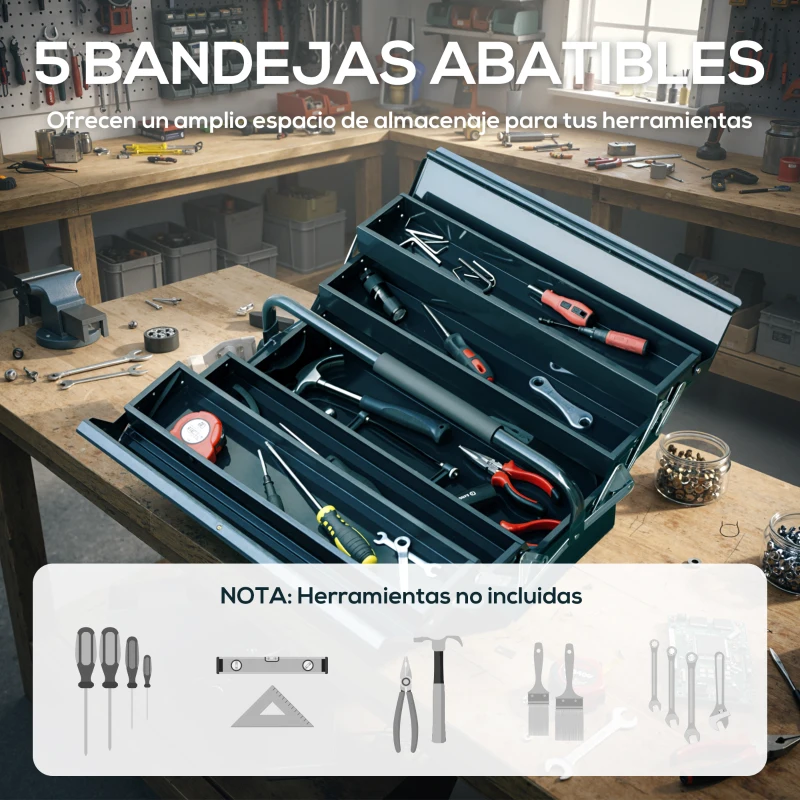 DURHAND Caja de Herramientas Metálica Plegable con 5 Bandejas y Asa para Taller Garaje 45x20x34,5 cm Verde Oscuro