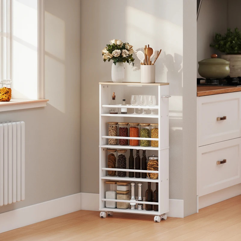 HOMCOM Półka wielofunkcyjna na kółkach, wąski design, 4 przegrody, 45x15x91 cm, naturalna