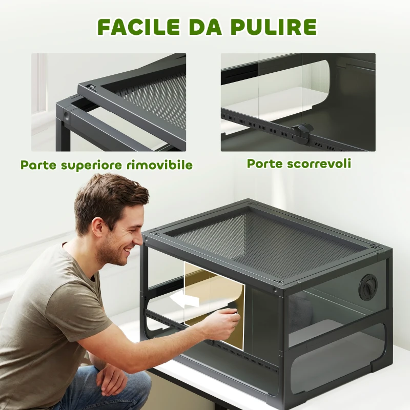 PawHut Rettilario Rialzato e Pieghevole con Coperchio e Pareti in Vetro Temperato e Plastica, 60x45x32 cm, Nero