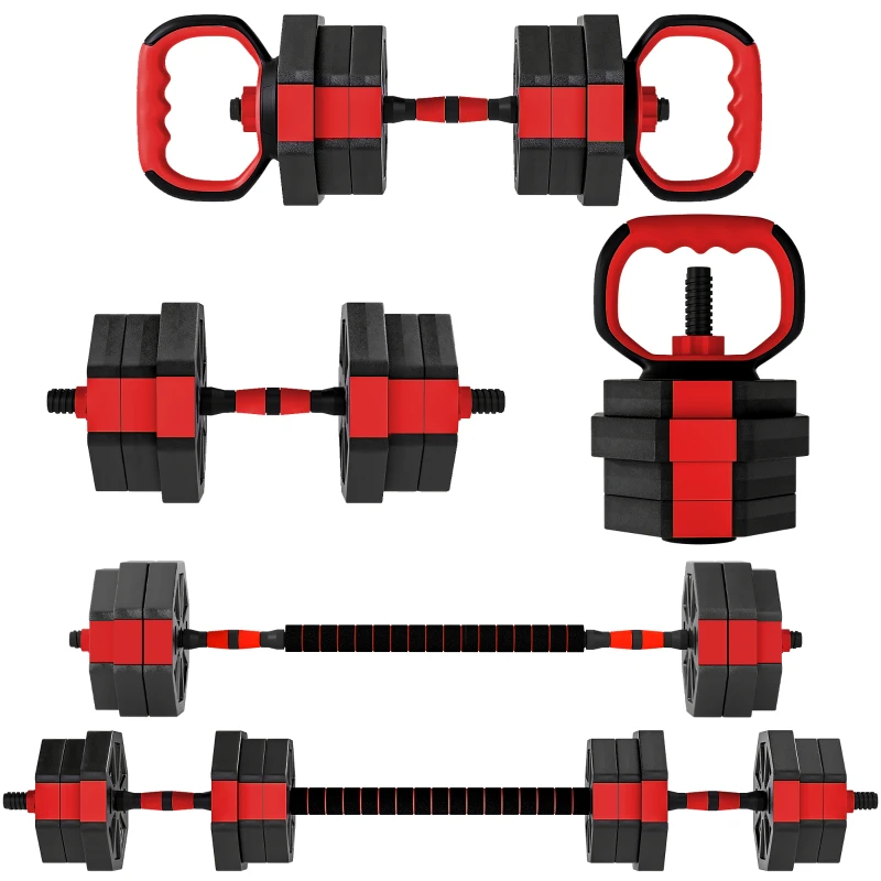 SPORTNOW 4-in-1 Adjustable Weight Dumbbells Set, Used as Kettlebell, Barbell, Dumbbell, Push-Up Stand, 20kg Free Weights Set for Men and Women Home Gym Training, Red