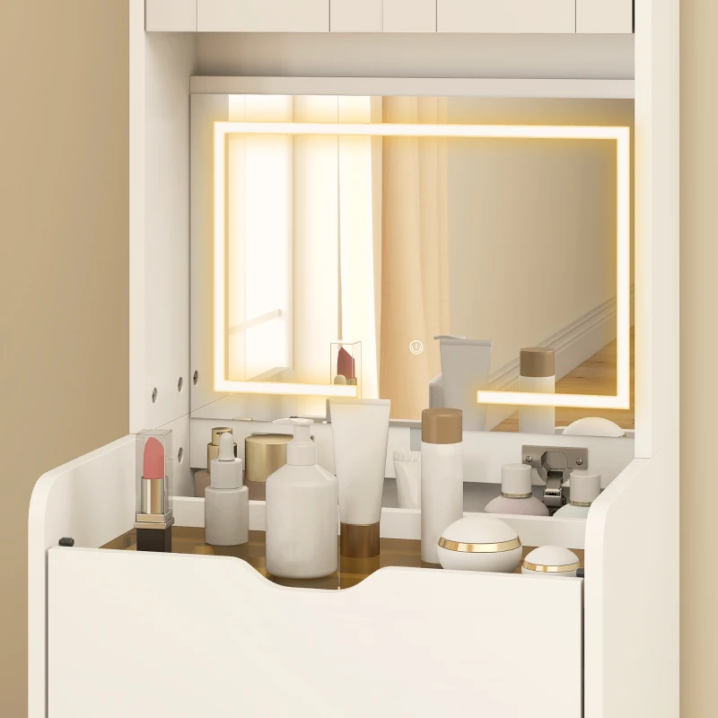 HOMCOM Tocador de Maquillaje con luces LED de 3 Colores Espejo Abatible y Taburete Acolchado 3 Cajones y Estantes Blanco