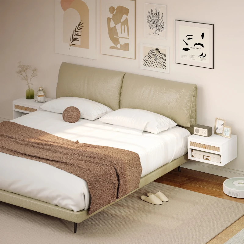 HOMCOM Juego de Mesitas de Noche Flotantes con Cajón de Ratán y Estante Abierto para Dormitorio 40x34x23cm Blanco