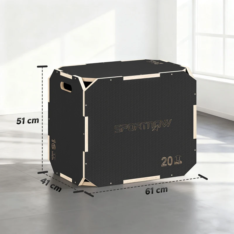 SPORTNOW Cajón Pliométrico de Madera 3 en 1 con 3 Alturas Diferentes Asas sin Esquinas Entrenamiento de Salto 61x51x41 cm