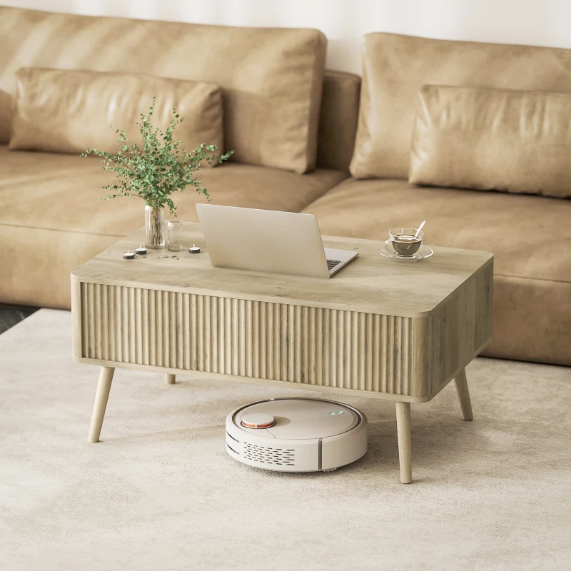 HOMCOM Table basse relevable, table de salon avec 2 compartiments cachés et pieds en pin, 91 x 56 x 43 cm, chêne