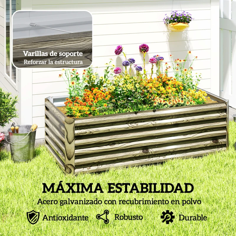 Outsunny Jardinera Exterior Grande Rectangular de Acero Galvanizado para Terraza con Base Abierta 180x90x57,5 cm Natural