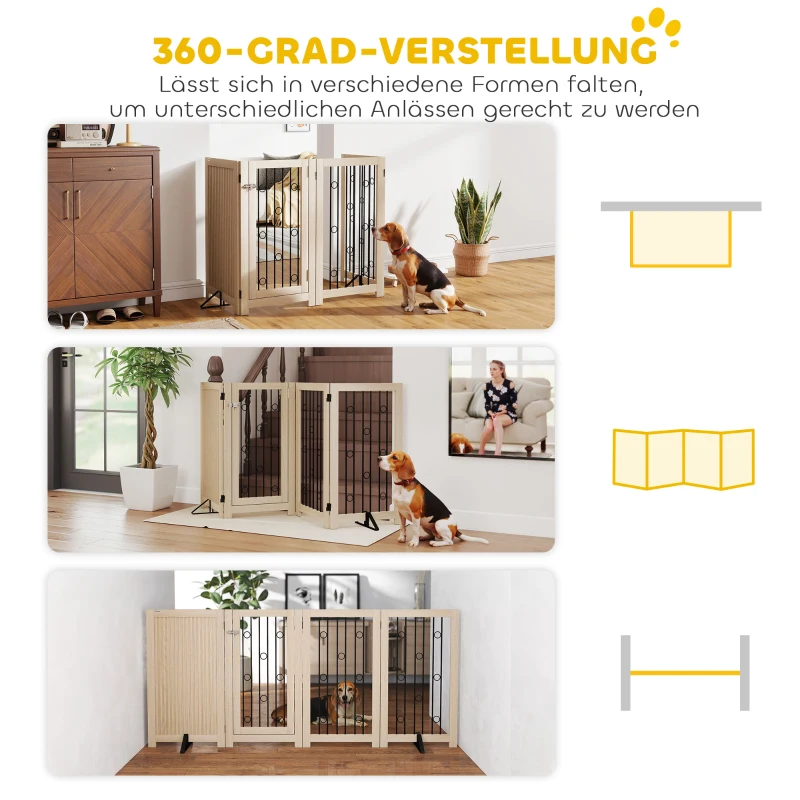 PawHut Wolnostojąca bramka dla zwierząt, bramka dla psa z drzwiami, 4 panele, do korytarza, schodów, ościeżnicy, MDF, stal