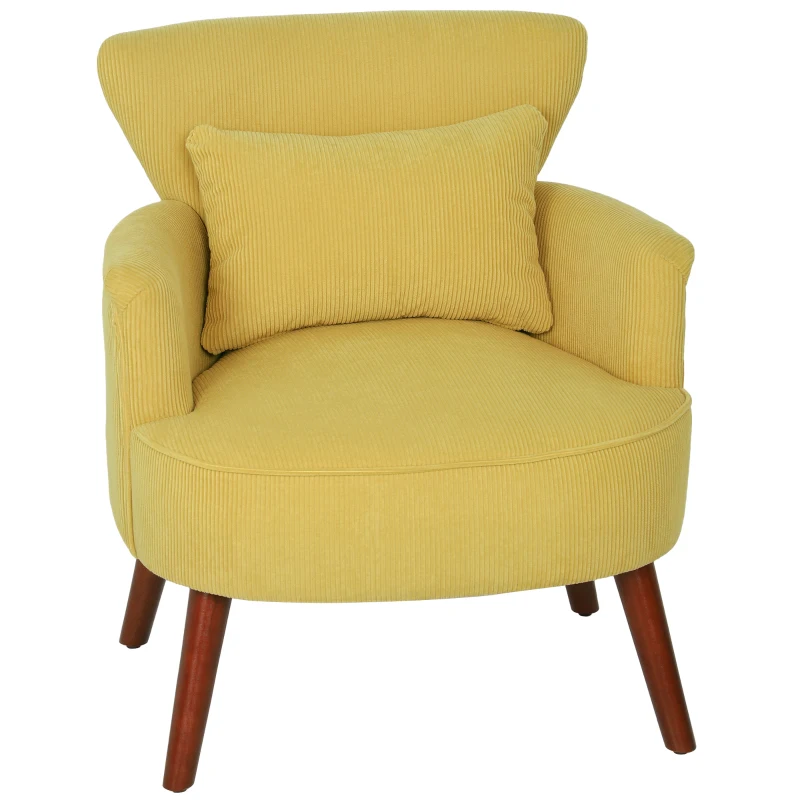 HOMCOM Modern Upholstered Armchair with Lumbar Pillow, Rubberwood Legs — Yellow Corduroy Accent Chair