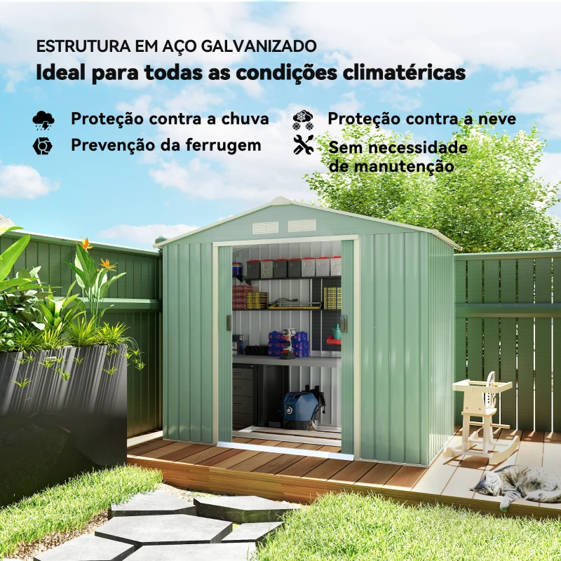 Outsunny Abrigo de Jardim 213x130x185cm Abrigo de Jardim Metálico de Exterior com 2 Portas Deslizantes e 4 Janelas Verde Claro