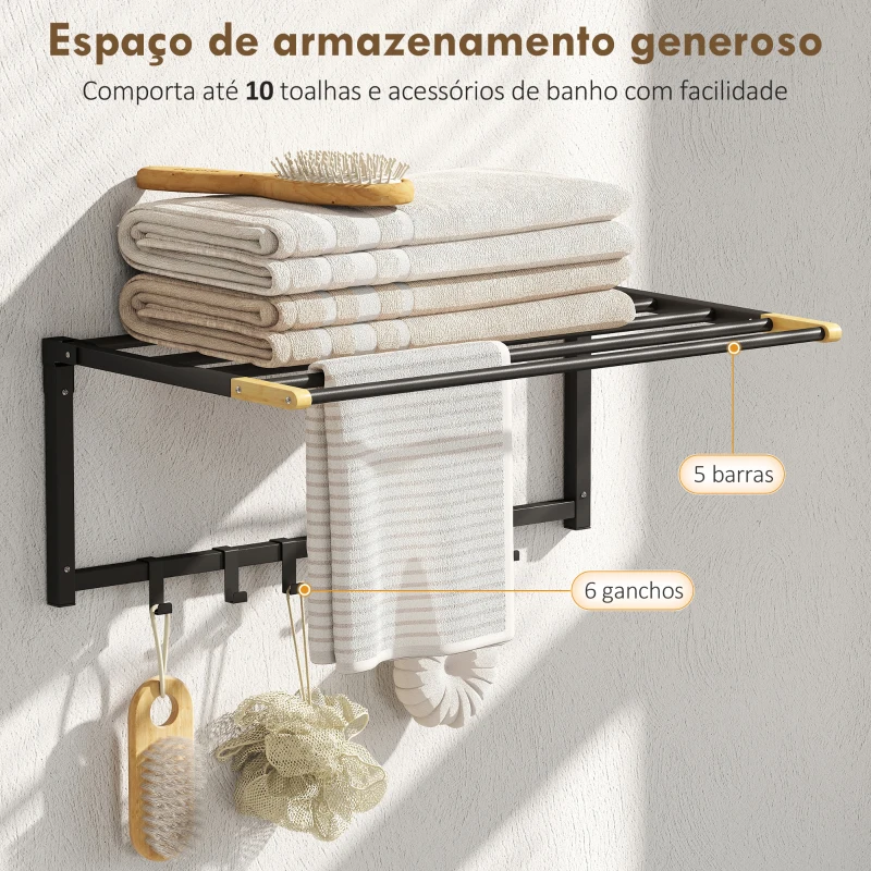 HOMCOM Toalheiro de Parede Dobrável com 5 Barras e 6 Ganchos Suporte para Toalhas para Casa de Banho Dobrável e Compacto 60x32,5x20 cm Preto