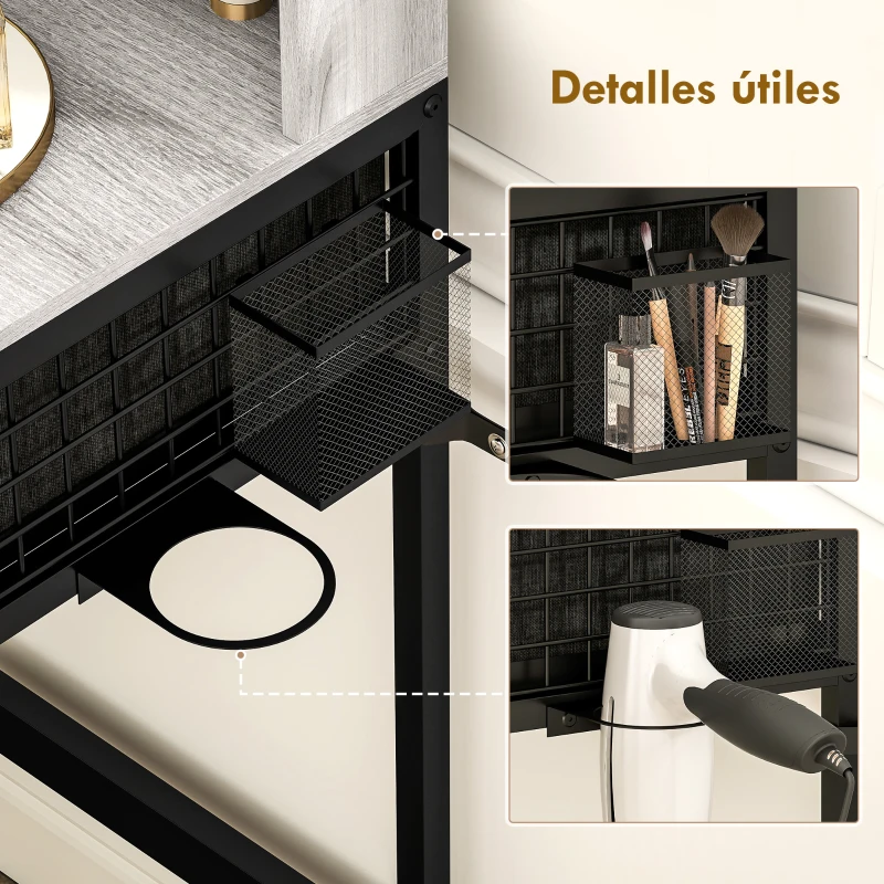 HOMCOM Tocador de Maquillaje con Espejo Tríptico Desmontable Taburete 3 Cajones de Tela Soporte para Secador de Pelo Gris