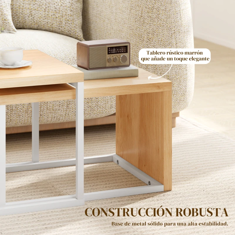 HOMCOM Juego de 2 Mesas de Centro Mesa Nido Moderna Marco de Metal para Salón 90x48x42 cm y 59x42x36 cm Natural y Blanco