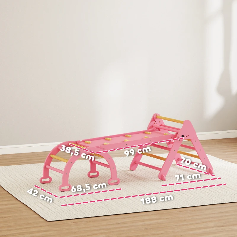 AIYAPLAY Triângulo de Escalada 7 em 1 com Arco e Rampa Escalada para Crianças de Madeira Dobrável para 18-48 Meses 188x70 cm Rosa