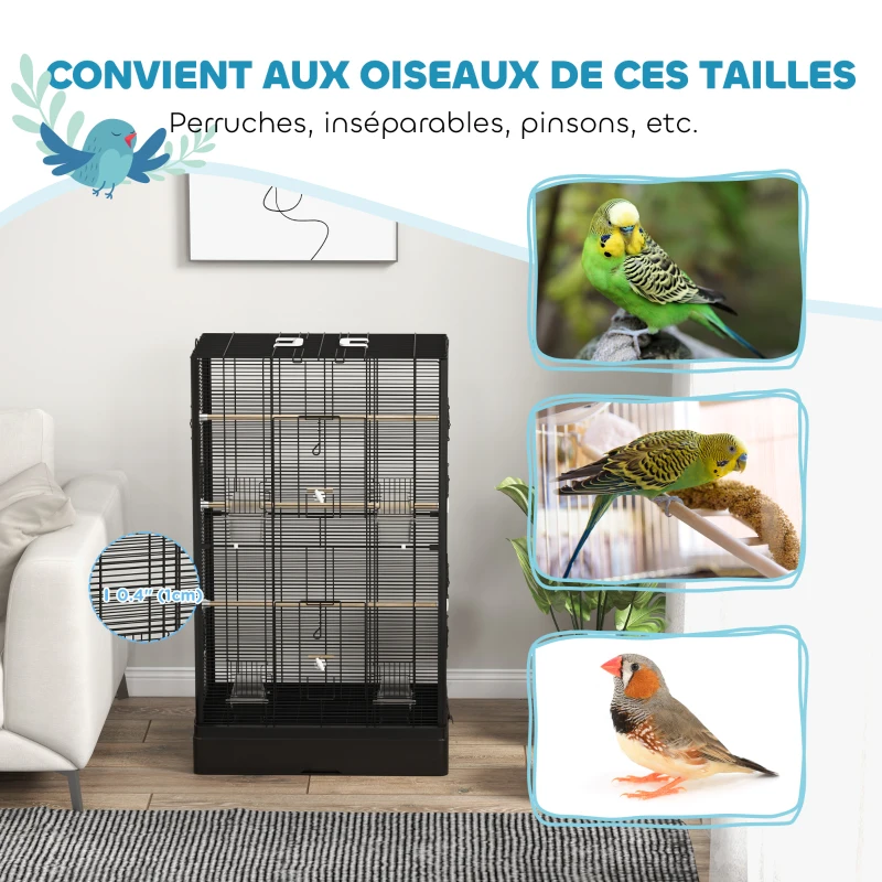 PawHut Cage à oiseaux volière avec portes perchoirs cage pour canaris perruches perroquets 61 x 36,5 x 98 cm noir