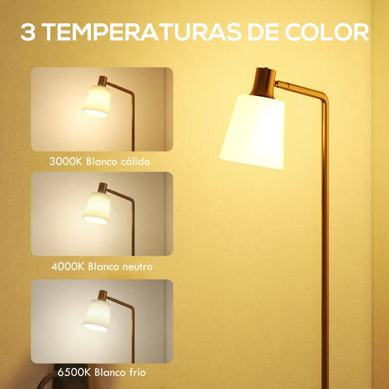 HOMCOM Lámpara de Pie LED Regulable con 3 Temperaturas de Color 3000K-6500K Pantalla Giratoria Bombilla E27 Blanco y Dorado