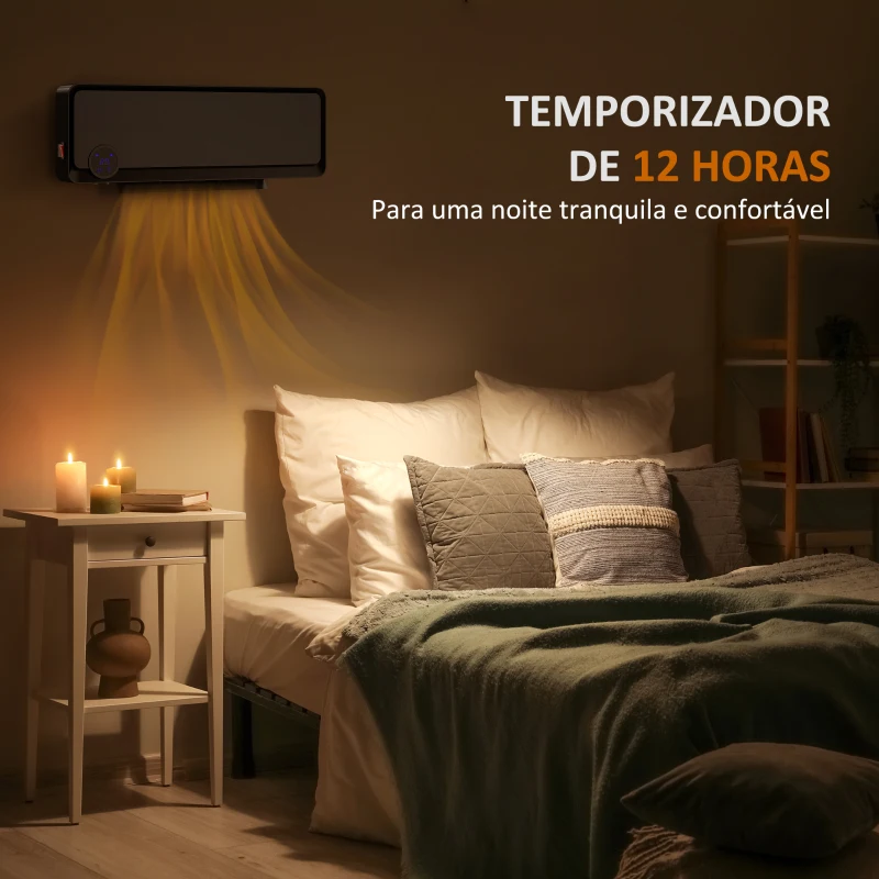 HOMCOM Aquecedor Cerâmico de Parede 1000W/2000W com Controle Remoto Tela LED Temporizador de 12h Termostato 56x18,5x11,7 cm Preto