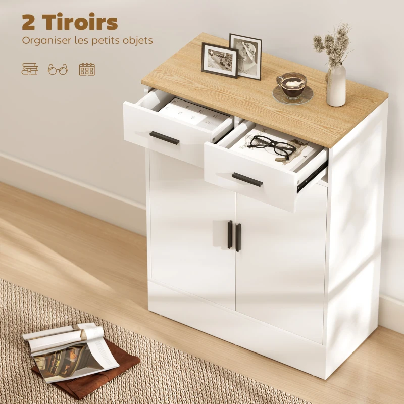 HOMCOM Buffet, meuble de rangement avec 2 portes, 2 tiroirs et étagère réglable, 68,6 x 35 x 90,3 cm, bois naturel et blanc