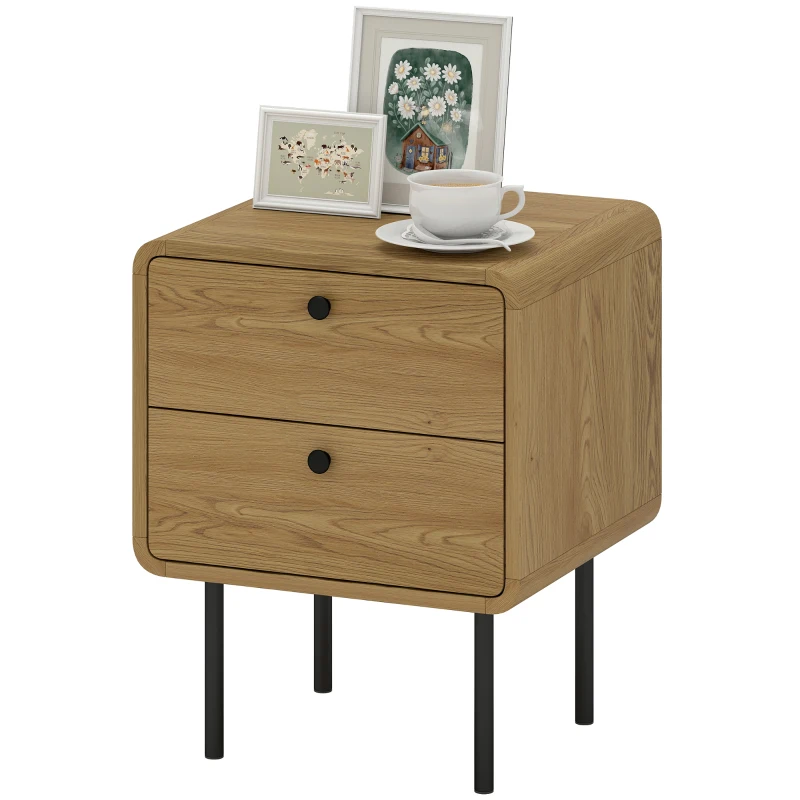 HOMCOM Bedside Table with 2 Drawers and Steel Legs - Oak