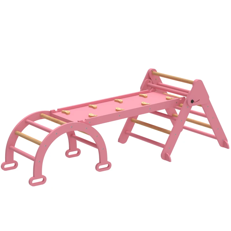 AIYAPLAY Triângulo de Escalada 7 em 1 com Arco e Rampa Escalada para Crianças de Madeira Dobrável para 18-48 Meses 188x70 cm Rosa