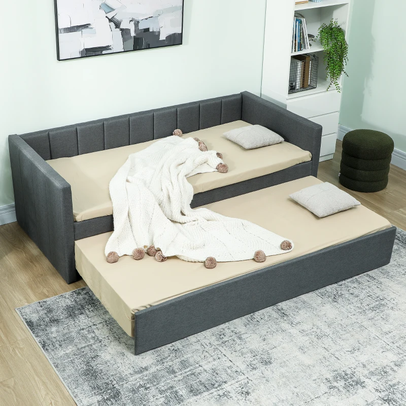 HOMCOM Einzelbett mit ausziehbarem Zweitbett, Stoffbezug und Armlehnen, 205x181x70 cm, Dunkelgrau