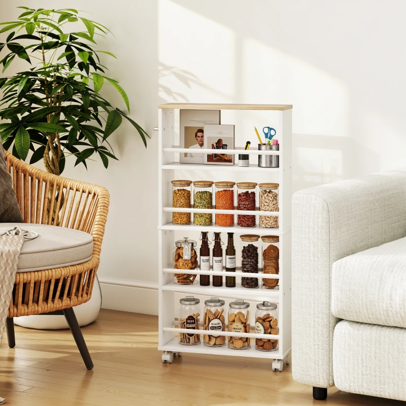 HOMCOM Półka wielofunkcyjna na kółkach, wąski design, 4 przegrody, 45x15x91 cm, naturalna