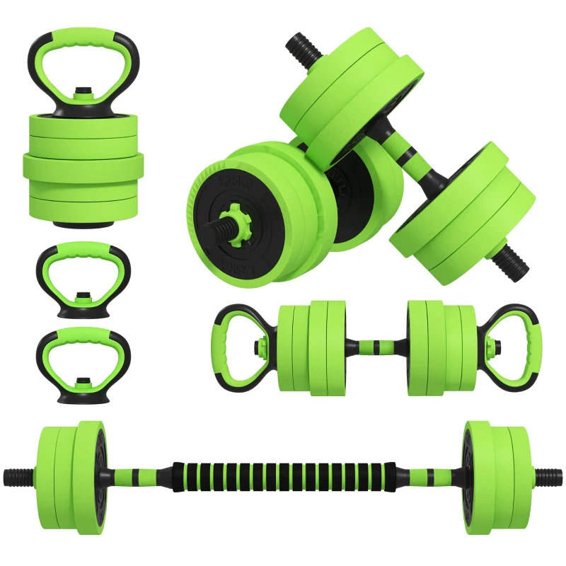 SPORTNOW 20kg 6-In-One Adjustable Weight Dumbbells Set, Barbell, Kettlebell, Push Up Stand - Green