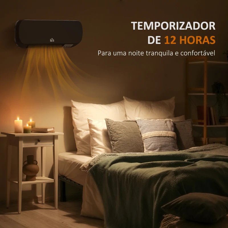 HOMCOM Aquecedor Cerâmico de Parede 1000W/2000W com Controle Remoto 3 Modos de Aquecimento Temporizador de 12h Termostato e Proteção contra Superaquecimento 45x18,6x11,5 cm Preto