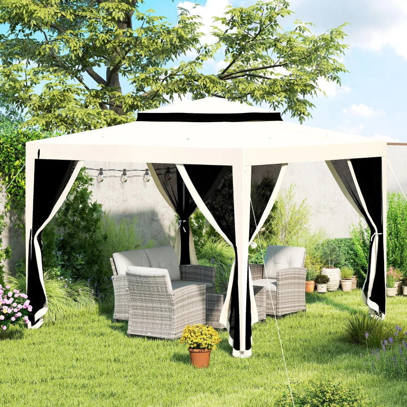 Outsunny 3 x 3 m Gazebo, Netting Party Tent, Patio Canopy Outdoor Event Shelter with Double Tier Roof, Cream White