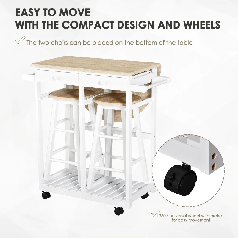 HOMCOM Foldable Kitchen Trolley Island Set with Casters 2 Barstool Chairs Folding Table Drop Leaf Storable Bottom Apartment Dorm