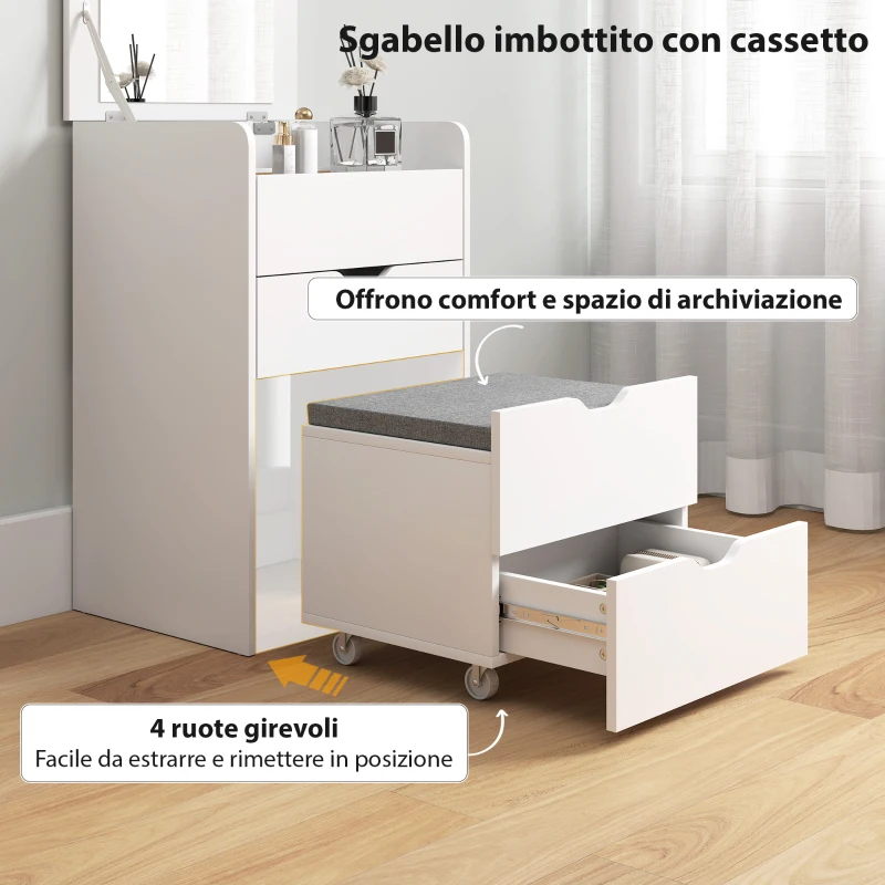 HOMCOM Tavolo da Trucco 3 in 1 con Specchio, Vano, 2 Cassetti e Sgabello, in Legno, 50x40x78 cm, Bianco