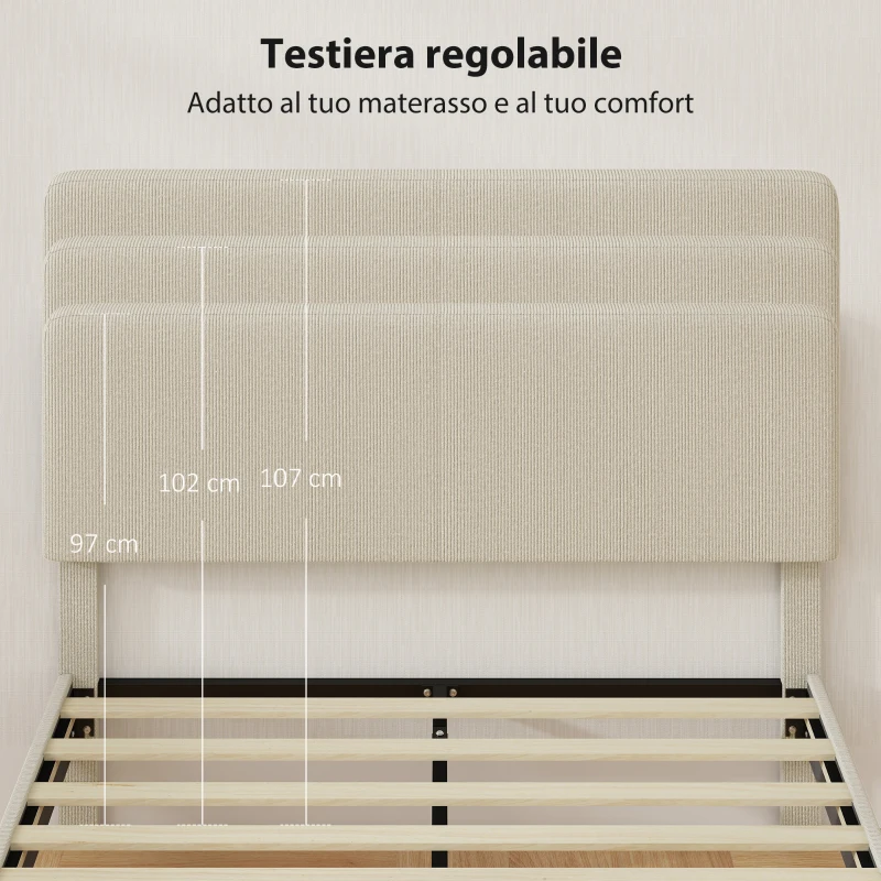 HOMCOM Struttura Letto 140x200 cm con Testiera Imbottita Regolabile in Altezza e Doghe, Velluto a Coste, Grigio