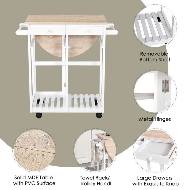HOMCOM Foldable Kitchen Trolley Island Set with Casters 2 Barstool Chairs Folding Table Drop Leaf Storable Bottom Apartment Dorm