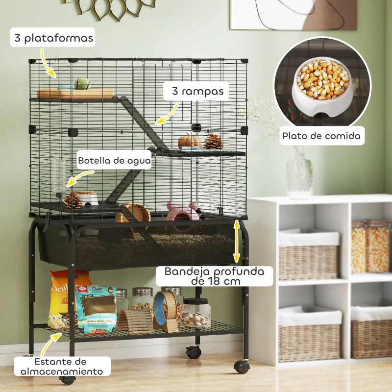 PawHut Jaula para Animales Pequeños de 4 Niveles con Ruedas Bandeja Profunda Rampas Plataformas y Comedero 73x47x123 cm Negro