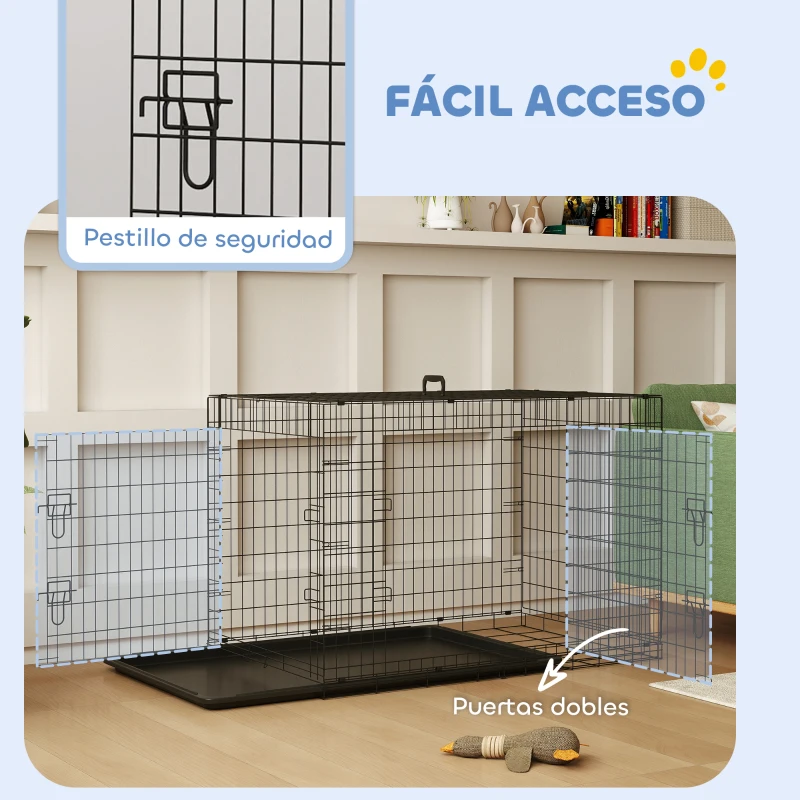 PawHut Jaula para Perros Plegable Transportín para Perros con 2 Puertas Bandeja Extraíble y Asa 121x76,5x81 cm Negro