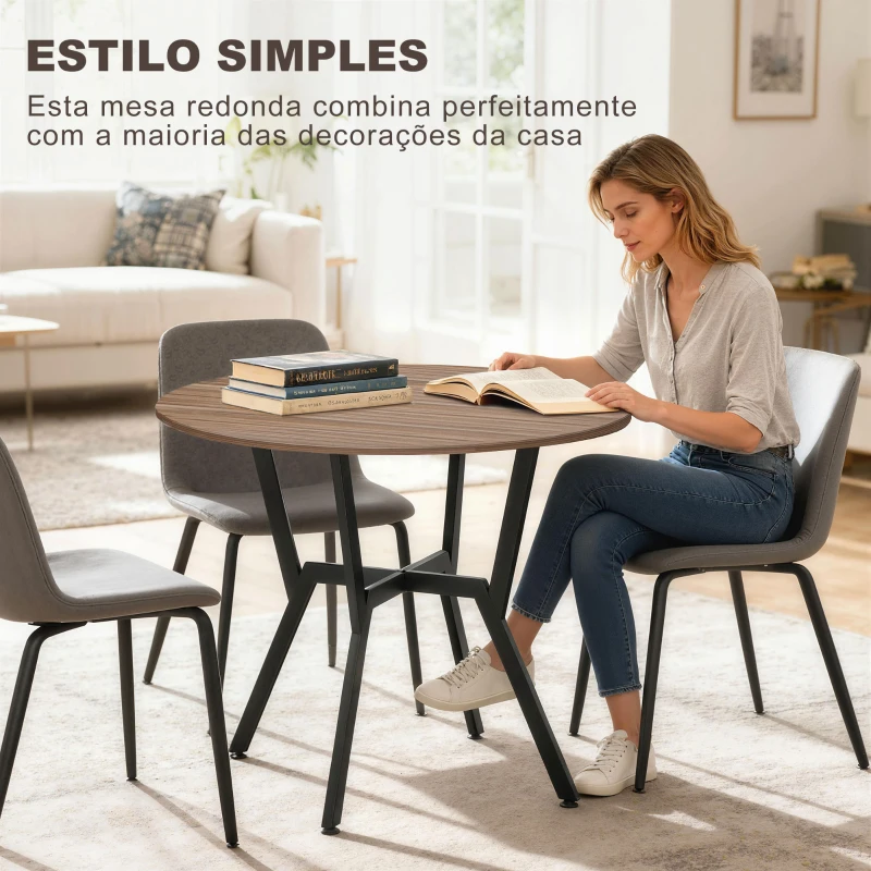 HOMCOM Mesa de Cozinha Redonda Mesa de Jantar Estilo Industrial com Bancada de Madeira e Estrutura de Aço Ø90x76 cm Marrom e Preto