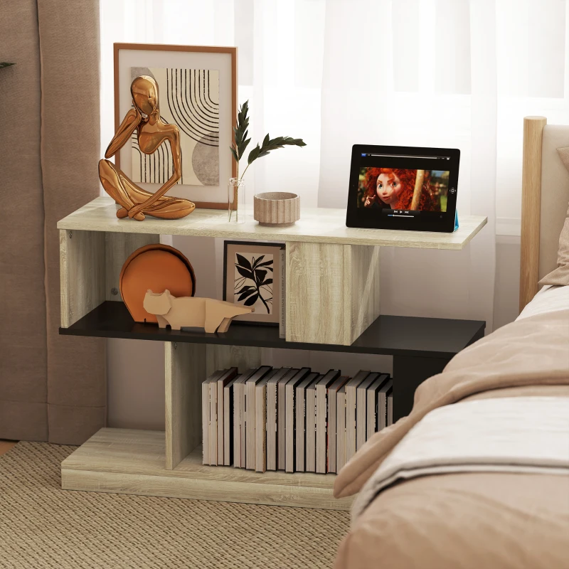 HOMCOM Table d'appoint en forme S, bout de canapé à 3 niveaux étagères de rangement, 90 x 30 x 61 cm, effet bois naturel noir