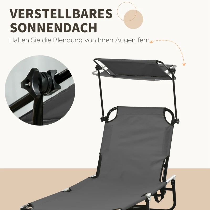 Outsunny Set van 2 inklapbare ligstoelen met zonnescherm, 5-standen verstelbare rugleuning, donkergrijs
